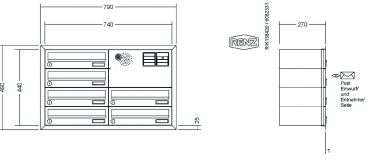 RENZ Briefkastenanlage Unterputz, Eckrahmen, Edelstahl V4A, Kastenformat 370x110x270mm, mit Klingel - & Lichttaster und Vorbereitung Gegensprechanlage, 6-teilig